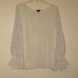 Talbots Plus Size 1X White Black Polka Dot Sheer Bell Sleeve Keyhole Blouse